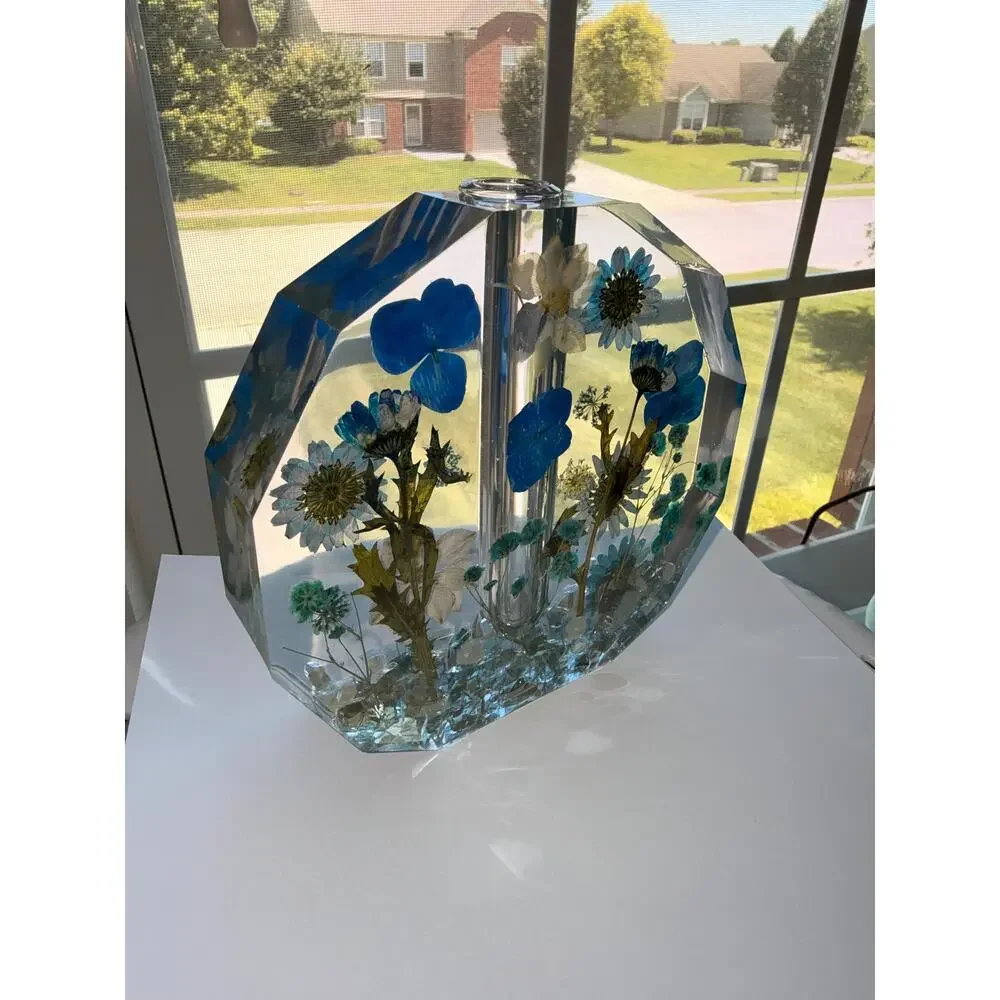Forever Bloom Blue Meadow Bud Vase Real Pressed Flowers in Crystal Clear Resin